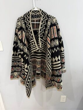Black and Cream Geometric Open-Front Cardigan
